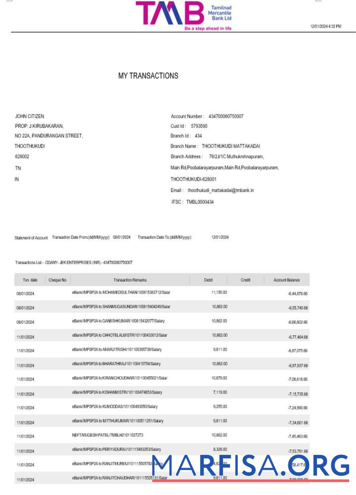 Printable India TAB bank statement word 2 pages download for verification